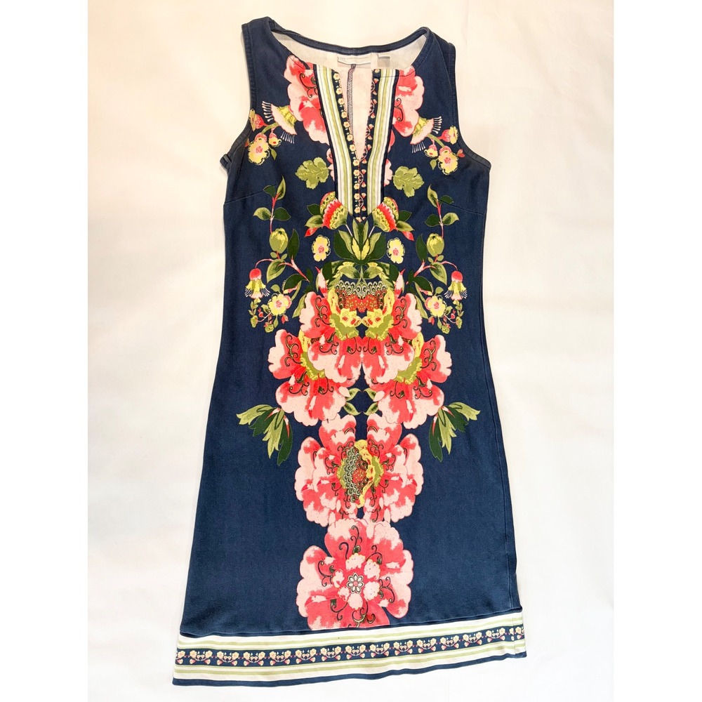 New York & Company Navy Floral Shift Dress XS Sleeveless Cotton Mini Split Neck